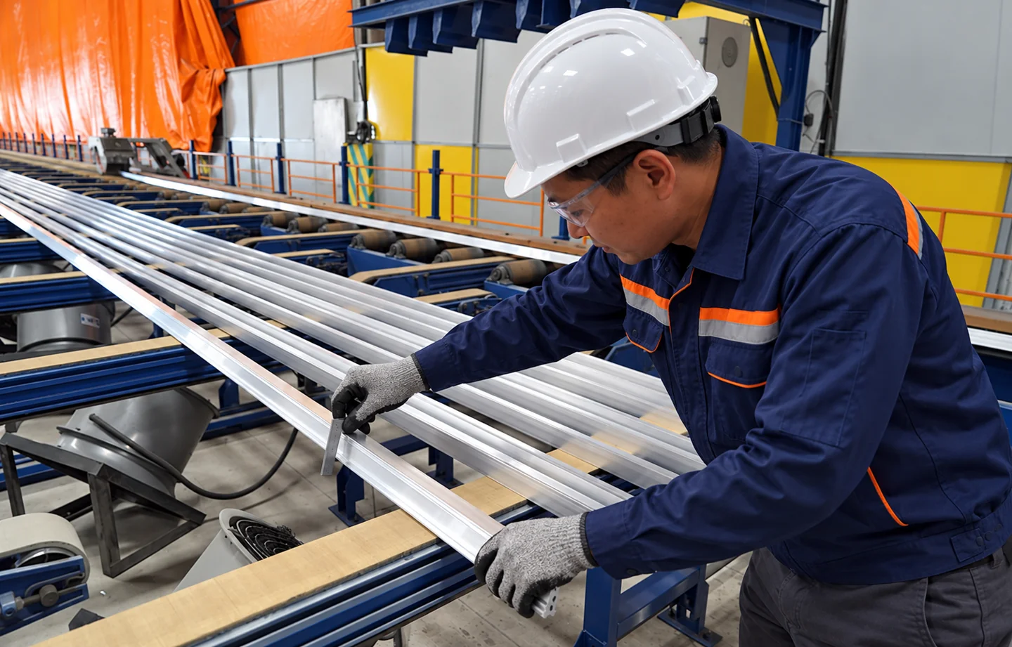 Minh họa kiểm tra profile nhôm với đồng phục, mũ, kính và găng tay bảo hộ; ảnh đã hiệu chỉnh
