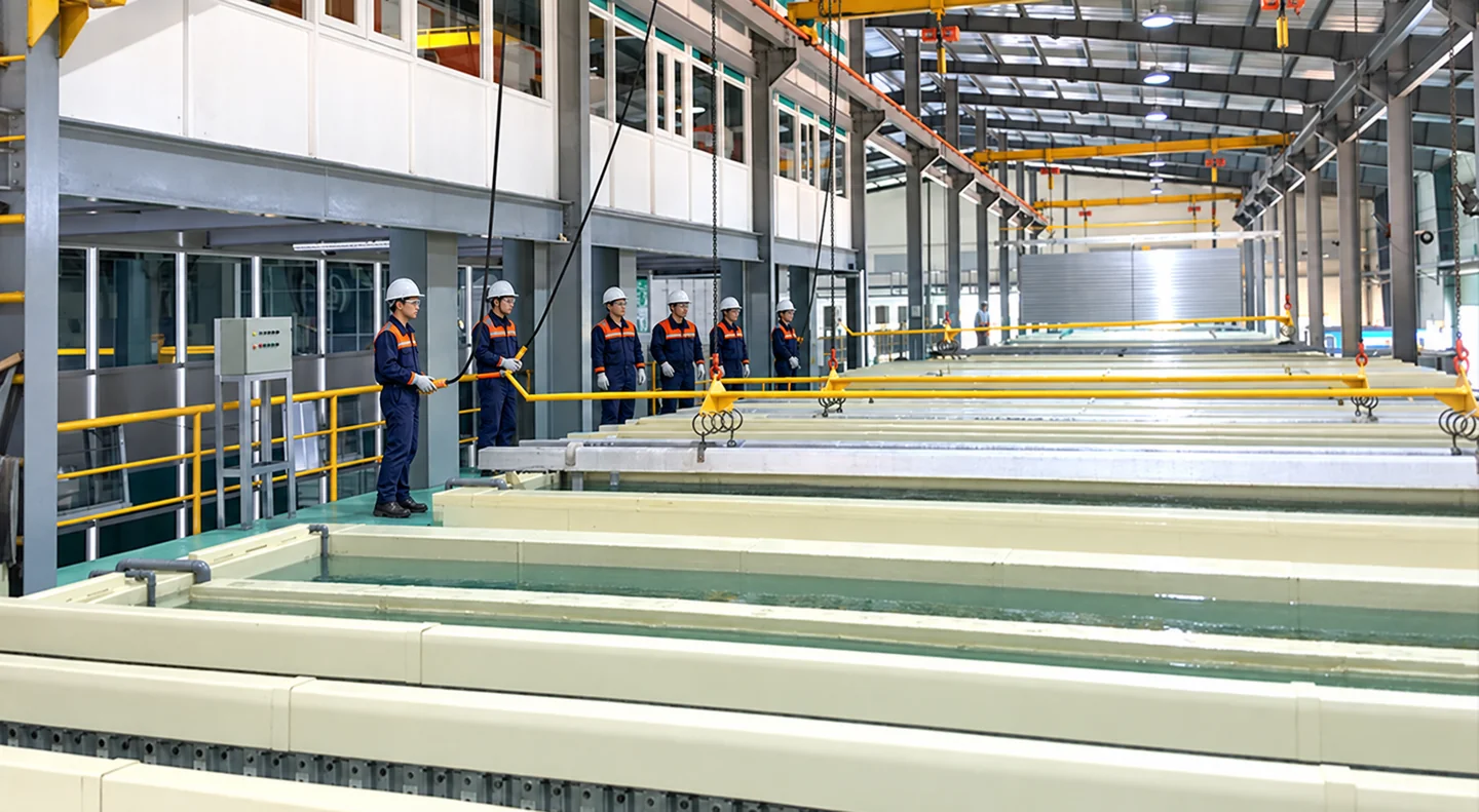 Minh họa khu vực xử lý bề mặt nhôm với trang phục bảo hộ đã hiệu chỉnh